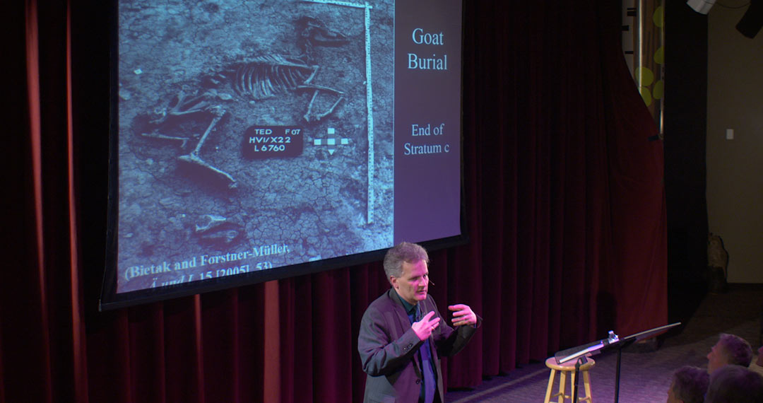 Dr. Douglas Petrovich explaining evidence of goat burials at Avaris.