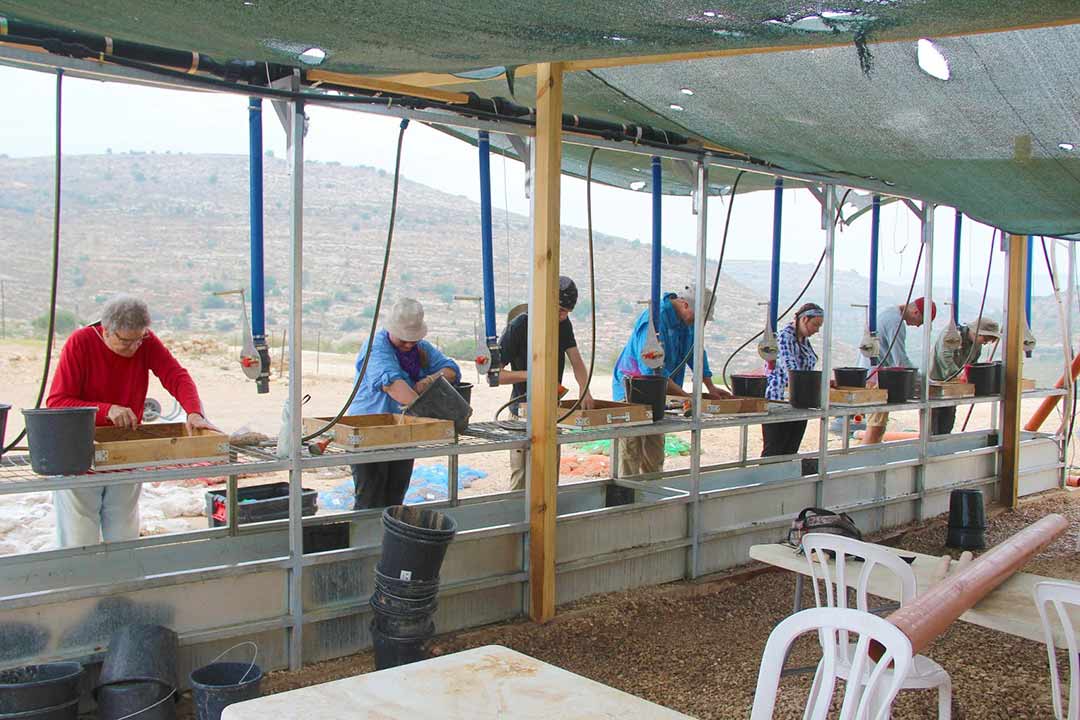 Excavation volunteers work at sifting stations at Shiloh, Israel