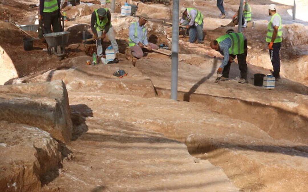 Workers in the stone quarry discovered in Jerusalem