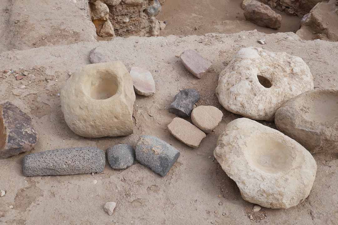 Mortars and pestles discovered at the Tall al-Hammam archaeological site